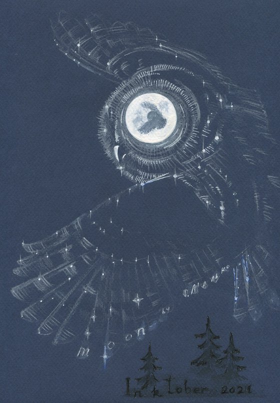 Moon Owl / Night sky Starry bird Fool Moon Dark blue picture Original drawing