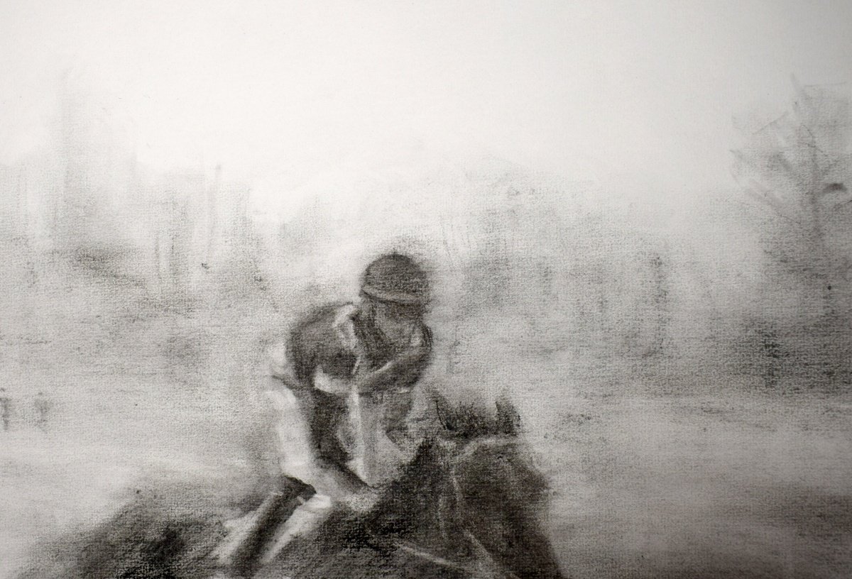 Expressive Animal Charcoal Drawing By Sbboursot, 26 X 20", Morning Run, Original Artwork