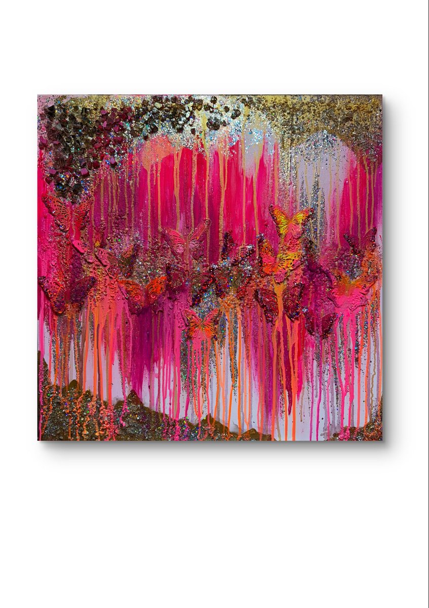 Abstract Painting By Henrieta Angel, 30 X 30, Pink Wonder Butterflies, Original Artwork
