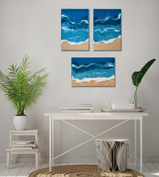 Set of 3 seascape original resin artwork