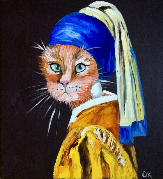 Cat with the pearl earring inspired by Vermeer painting feline art for cat lovers gift idea