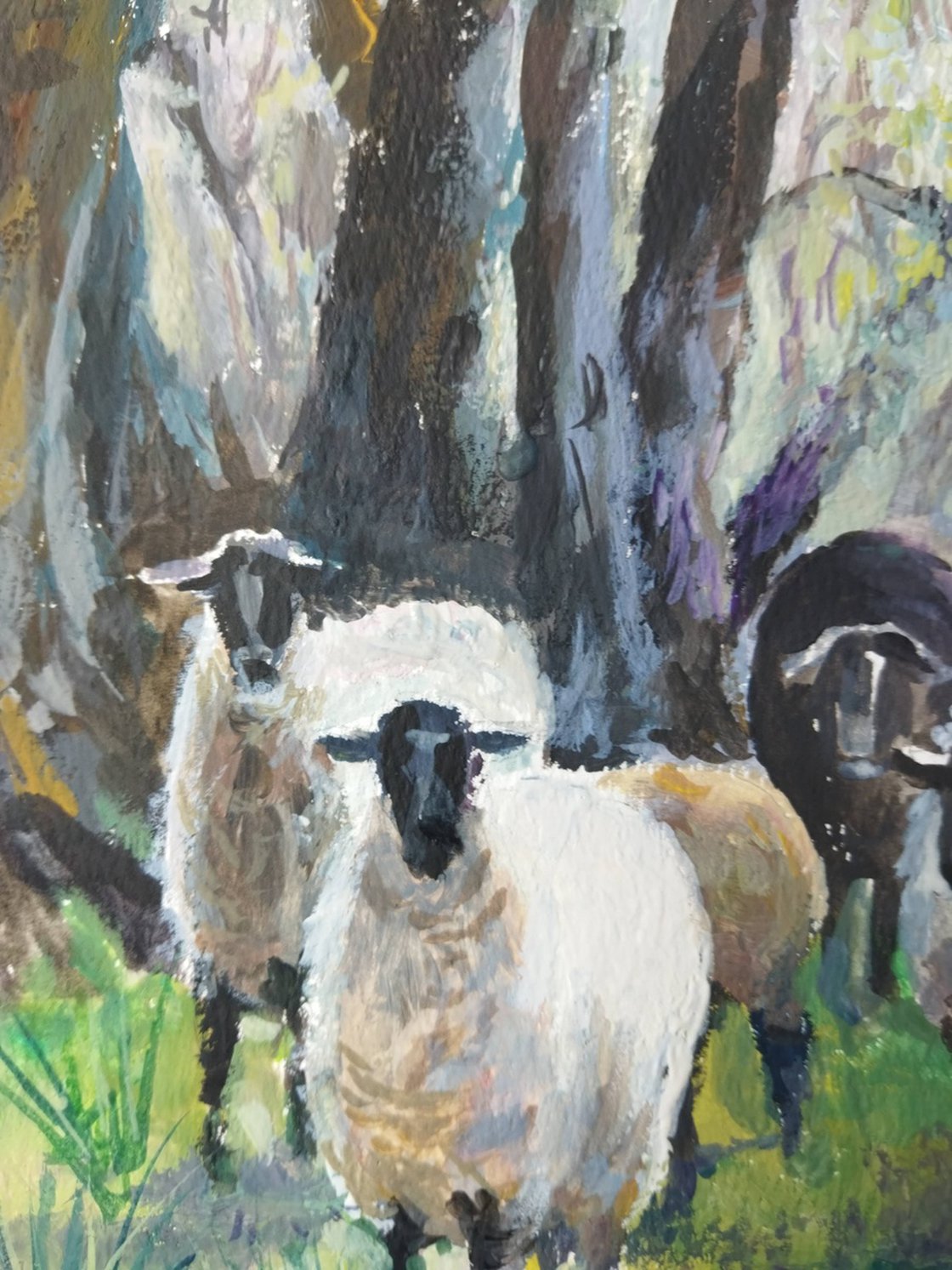 Original Gouache Painting - Landscape with Sheep by Ann Krasikova