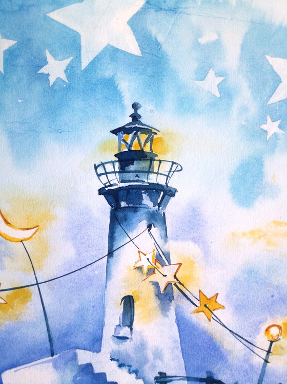 "Evening lighthouse" Original seascape watercolor painting