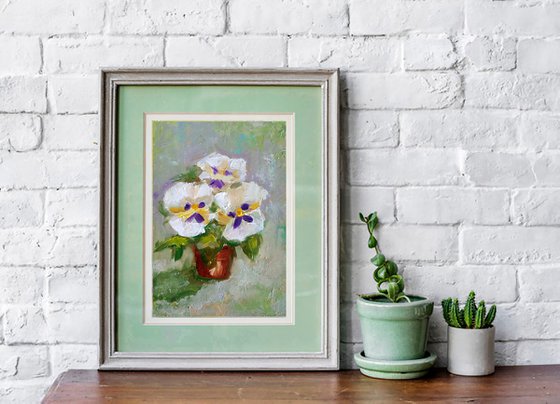 The pansies, Bouquet of Violets Painting Original Art Small Flower Artwork Floral Wall Art
