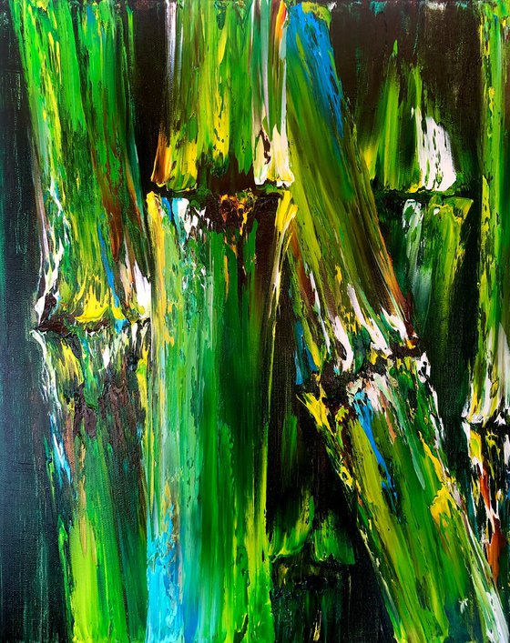 GREEN PORTAL - Set. Modern diptych with a green leaves. Painting with a wood landscape on canvas. Green bamboo oil painting.