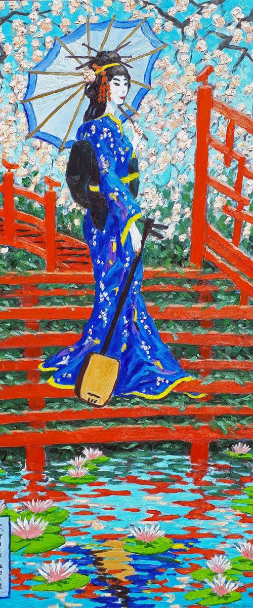 geisha with samisen on red steps by Colin Ross Jack