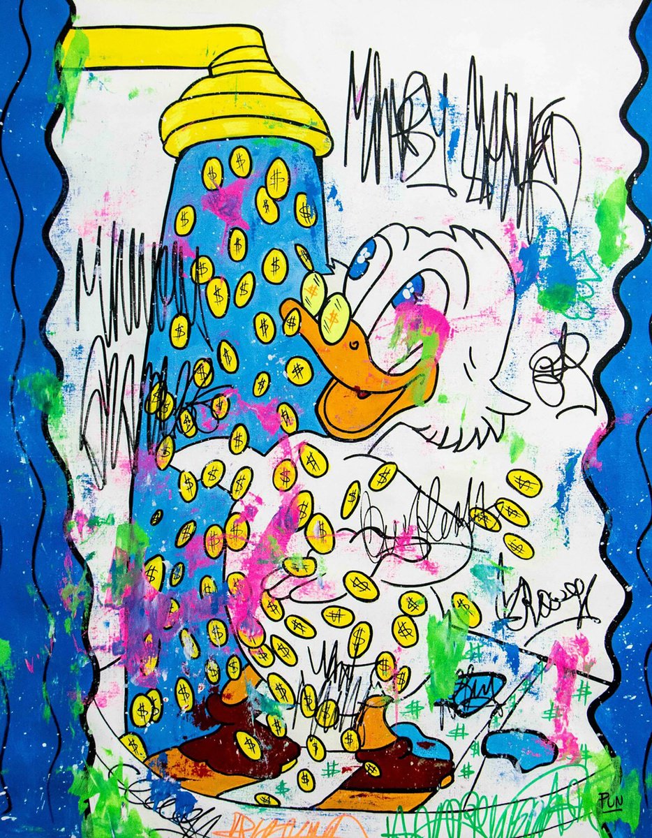 Urban And Pop Acrylic Painting , Morning Money Shower Ft Scrooge Mc Duck By Carlos Pun Art, 28 X 35, Artwork For Sale On Artfinder