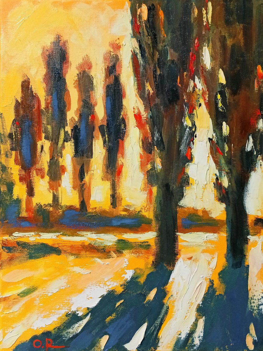 Impressionistic Landscape Oil Painting By Oleh Rak, 12 X 16", Sun In Poplars 3, Original Artwork