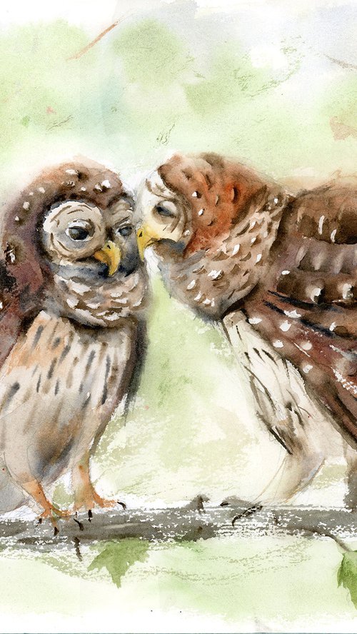 Pair of owls - watercolor painting by Olga Tchefranov (Shefranov)