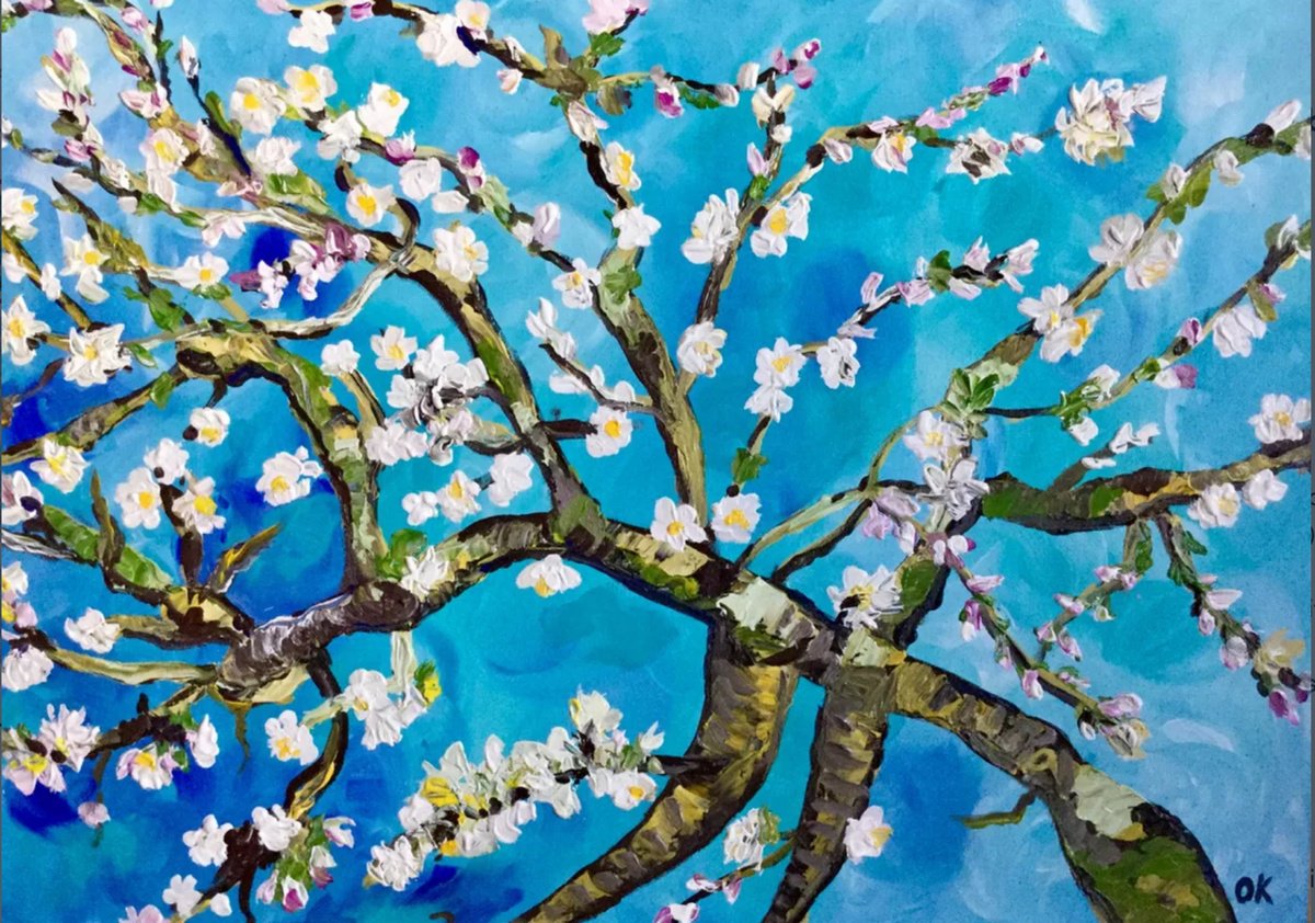 Impressionistic Landscape Acrylic Painting By Olga Koval, 28 X 20", Almond Blossom, Original Artwork