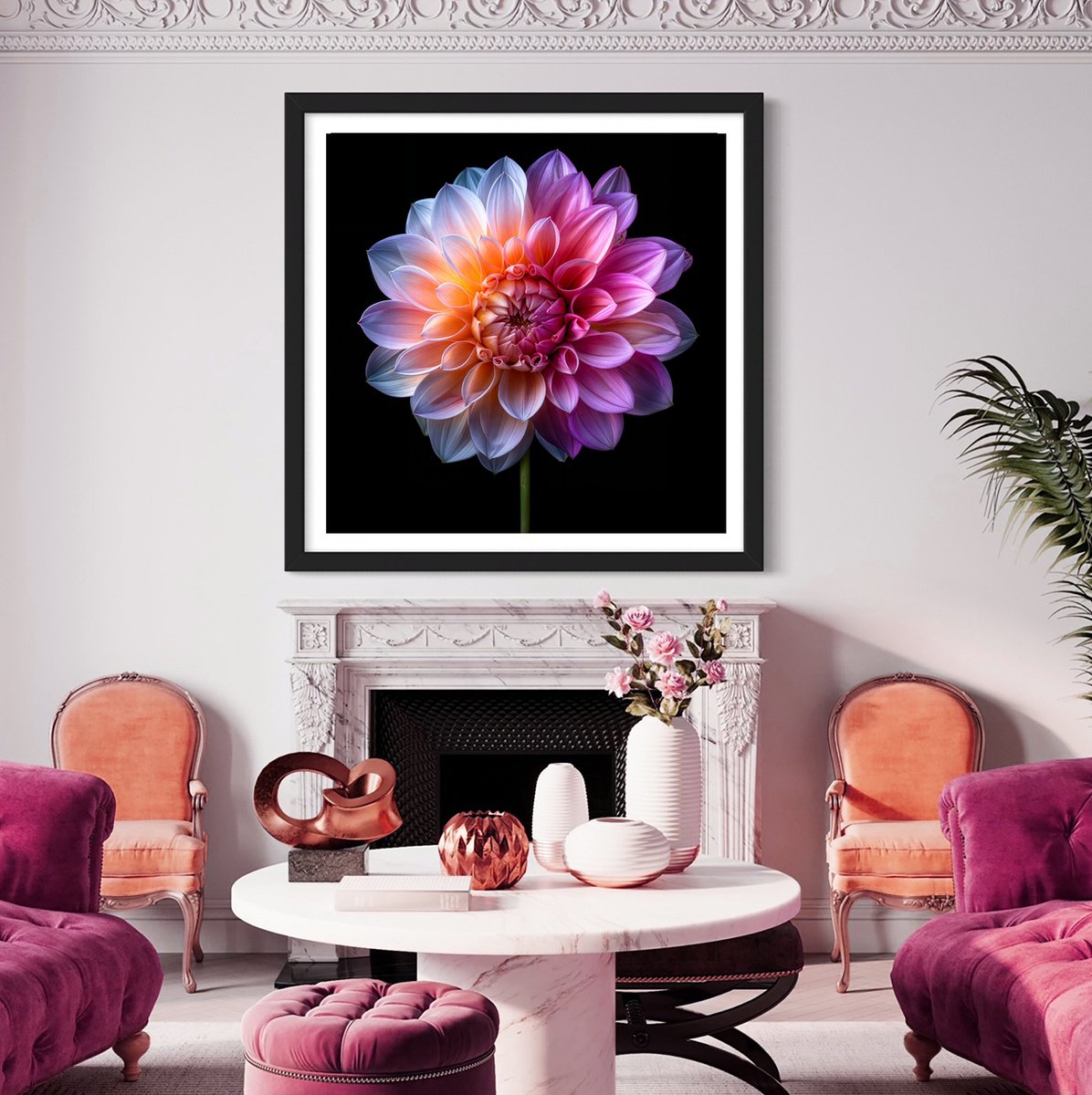 Photorealistic Botanical Photograph By Michael Filonow, 32 X 32", Rainbow Dahlia, Original Artwork