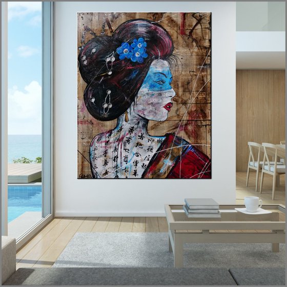 Sapphire 120cm x 150cm Geisha Book Page Urban Pop Art