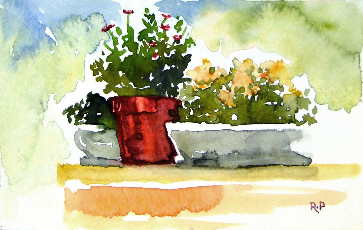 Impressionistic Botanical Watercolour By Rick Paller, 8 X 5", The Red Pot, Original Artwork