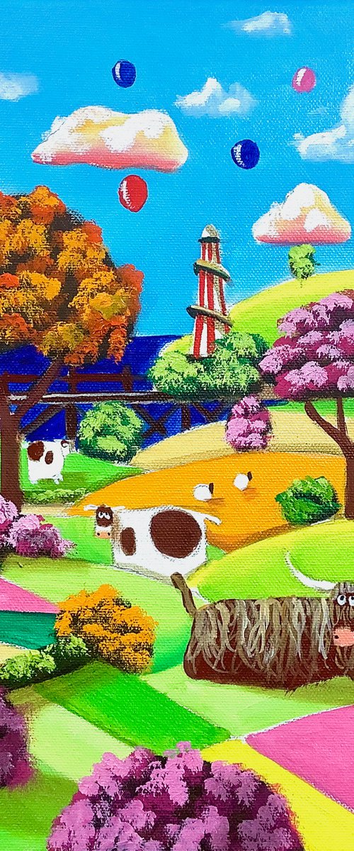 Folk art oil painting, seaside painting by Gordon Bruce