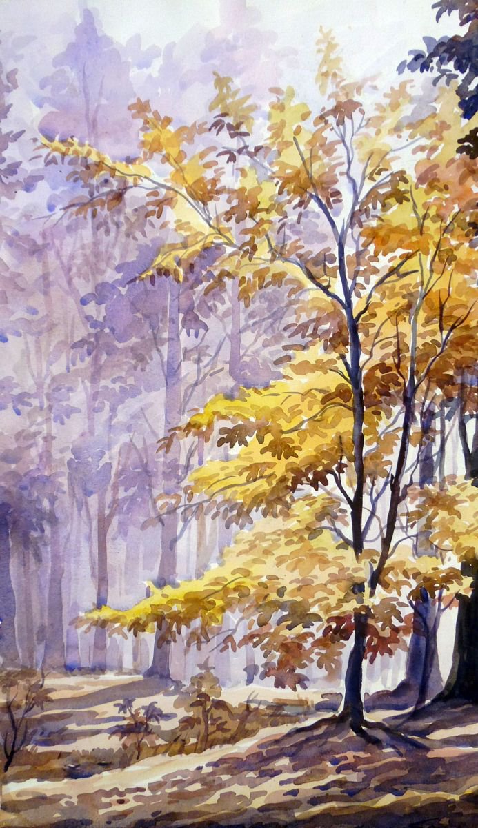 Beauty of Autumn Forest-Watercolor on Paper by Samiran Sarkar