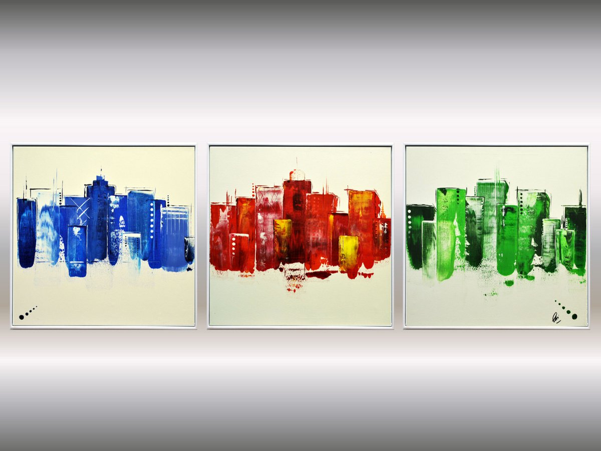 Colorful City II - abstract acrylic painting, framed artworks, Skyline painting, canvas wa... by Edelgard Schroer