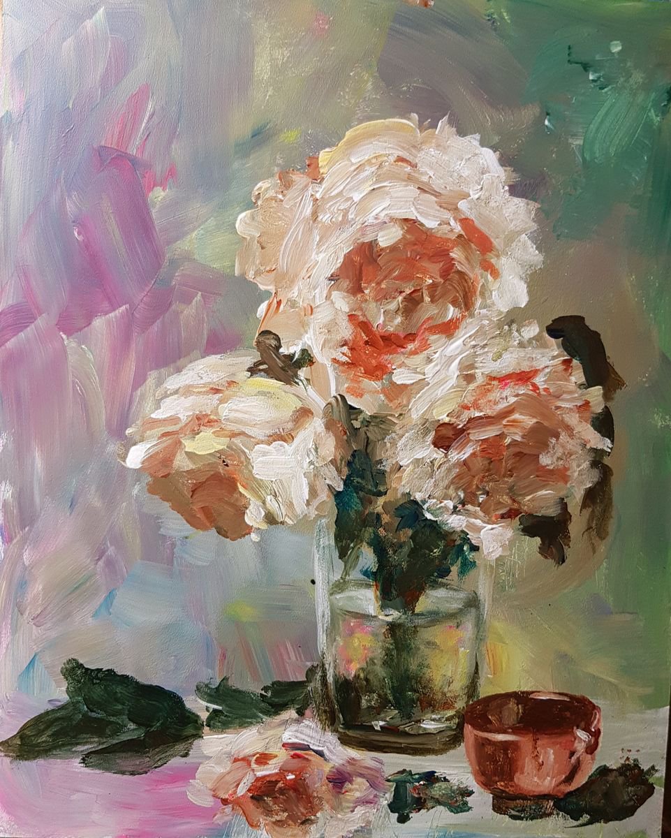 Impressionistic Botanical Acrylic Painting By Els Driesen, 9 X 12, Roses, Original Artwork