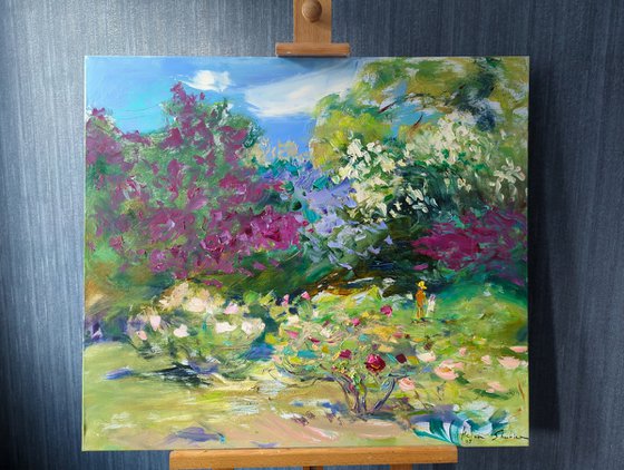 The gardens are blooming . 70х80 cm. Lilac . Summer garden | Original oil painting