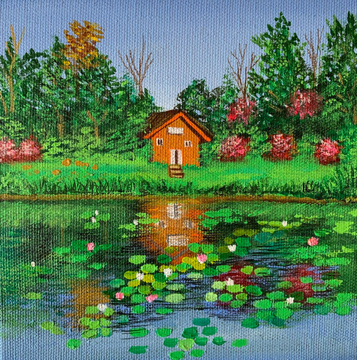House by water lilies pond - 3 ! Small Painting!! Ready to hang by Amita Dand