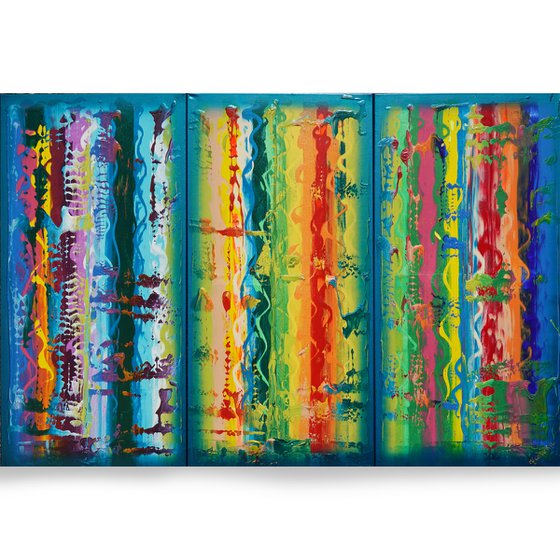 Rainbow A831 Large abstract paintings Palette knife 100x150x2 cm set of 3 original abstract acrylic paintings on stretched canvas
