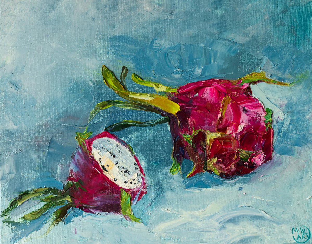 Impressionistic Still Life Oil Painting By Mily Art, 18 X 14", Dragon Fruit Still Life Art, Original Artwork