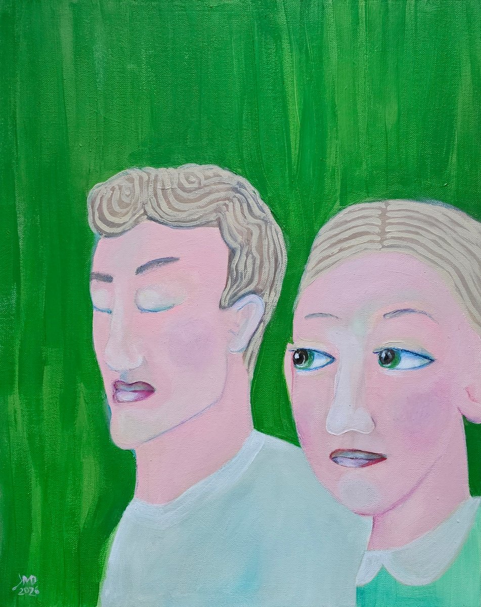 Naive Acrylic Painting , Our Couple Spring Mood Green Portrait By Ksenia June, 16 X 20, Artwork For Sale On Artfinder