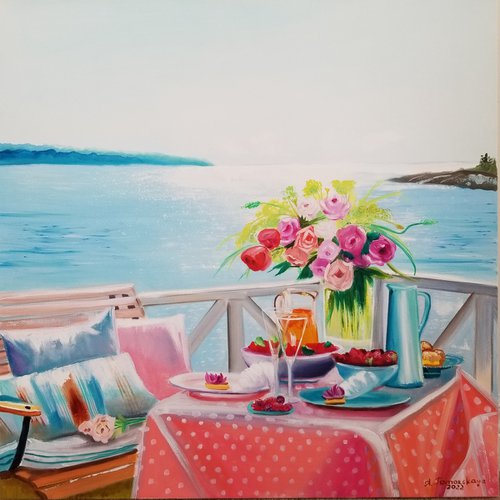 Breakfast by the Water. Summer Day in a Café. Mother's Day. Spectacular Oil Painting on Canvas. Gorgeous Italy Landscape. Home Decor. Wal Art by Alexandra Tomorskaya/Caramel Art Gallery