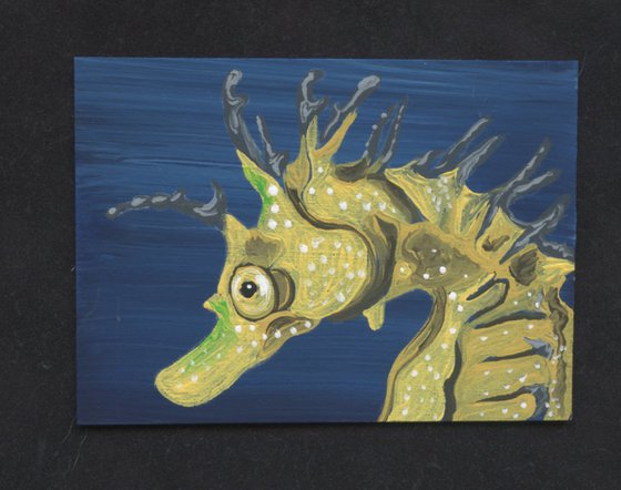 ACEO ATC Original Miniature Painting Yellow Seahorse Marine Fish Wildlife Art-Carla Smale