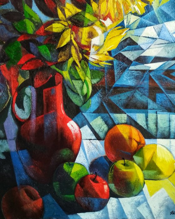 Still life with sunflowers (60x80cm, cubism, oil painting, ready to hang)