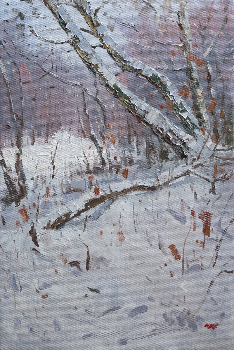 Impressionistic Landscape Oil Painting By Vasyl Moldavchuk, 16 X 24", Winter Forest, Original Artwork