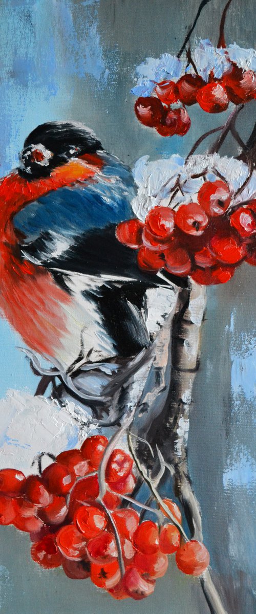 Bullfinch on a rowan branch by Valeriia Radziievska