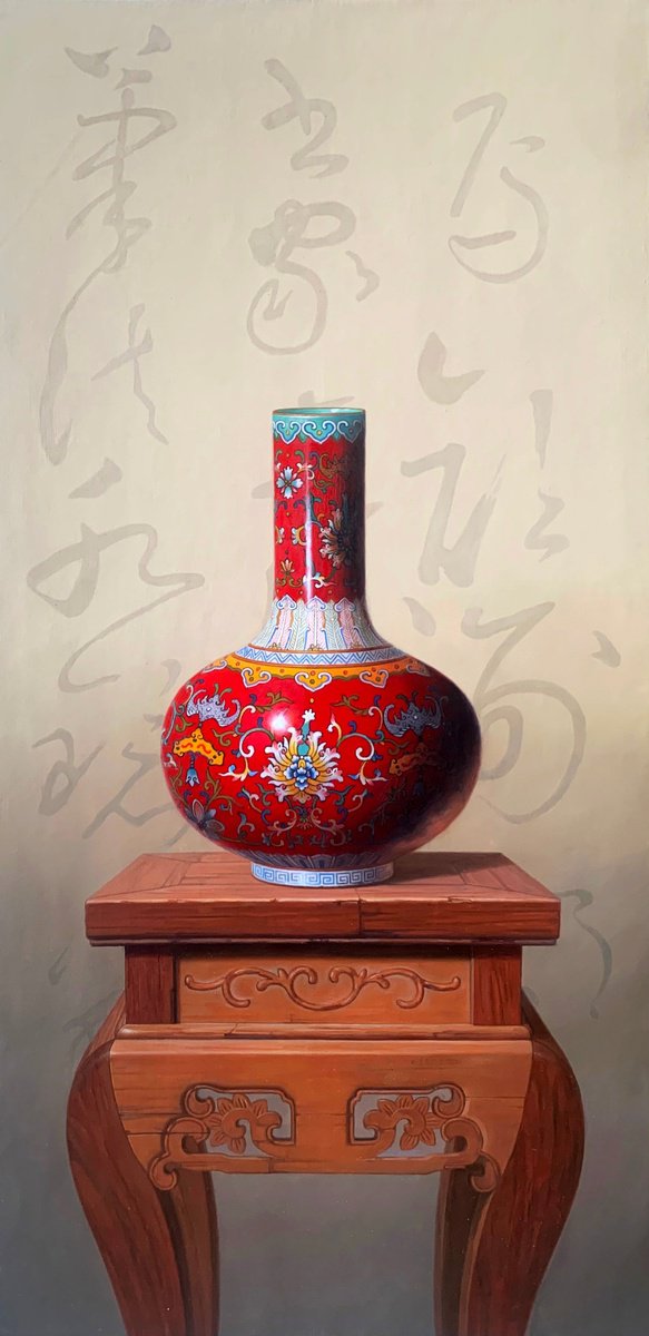 Photorealistic Still Life Oil Painting By Kunlong Wang, 20 X 39", Vase On Table C225, Original Artwork