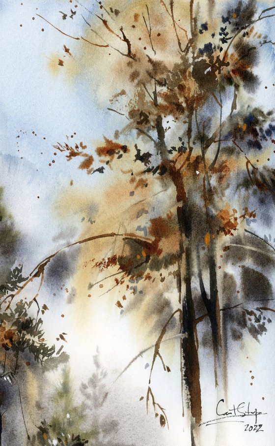 Forest Landscape Nature Watercolor Painting, Trees Painting