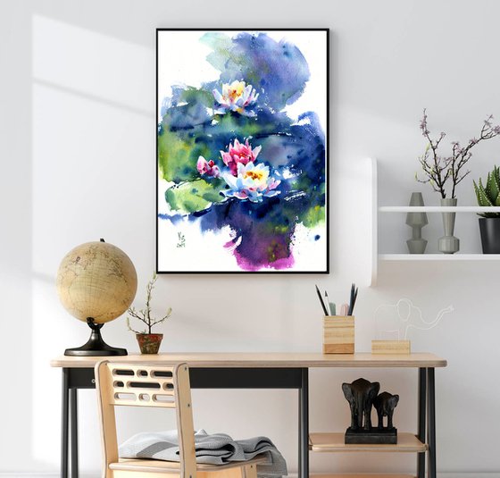 Original watercolor painting Lotus flowers on the surface of the lake