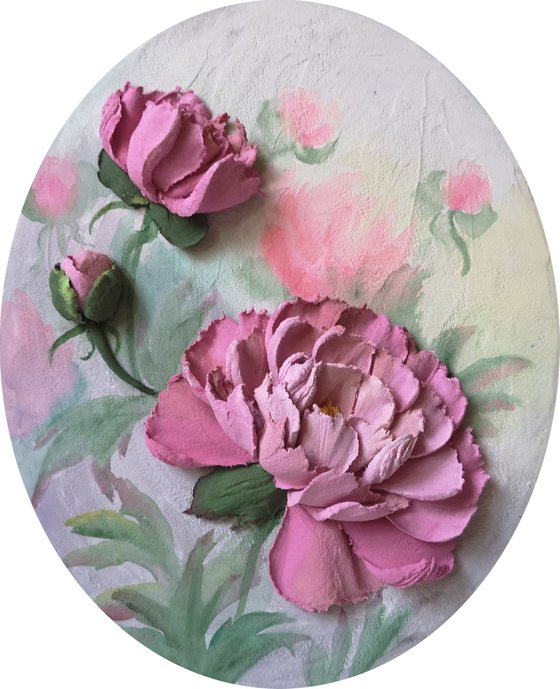 Peonies sculpture painting - bright 3d landscape on an oval panel, 26x32x5 cm