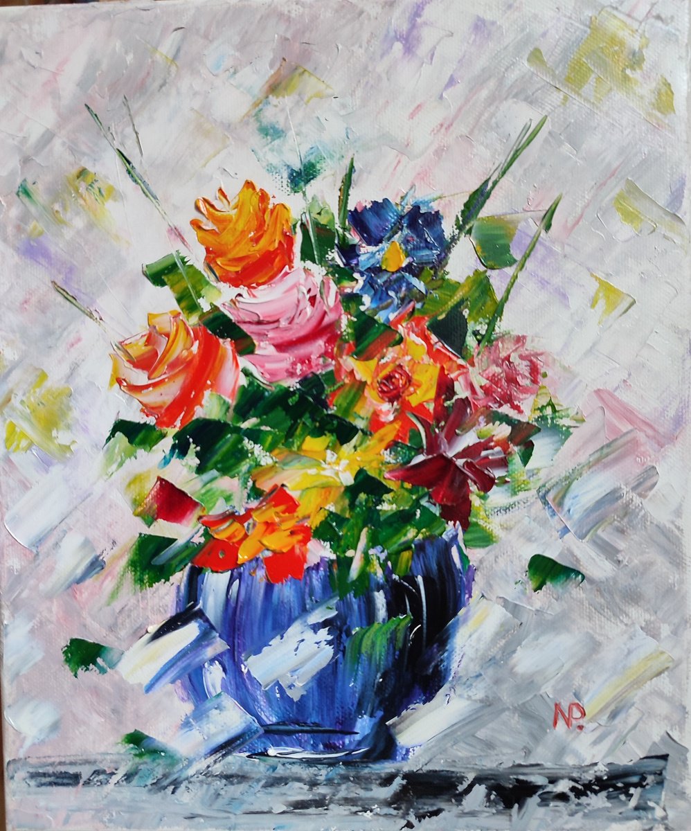 Impressionistic Botanical Oil Painting By Nataliia Plakhotnyk, 10 X 12", Roses In A Vase., Original Artwork