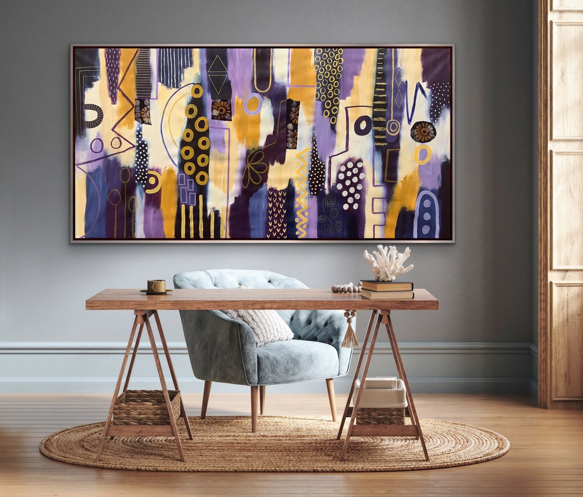 Organic Abstract Acrylic Painting By Rashna Hackett, 72 X 37", A Blooming Plum Tree, Original Artwork