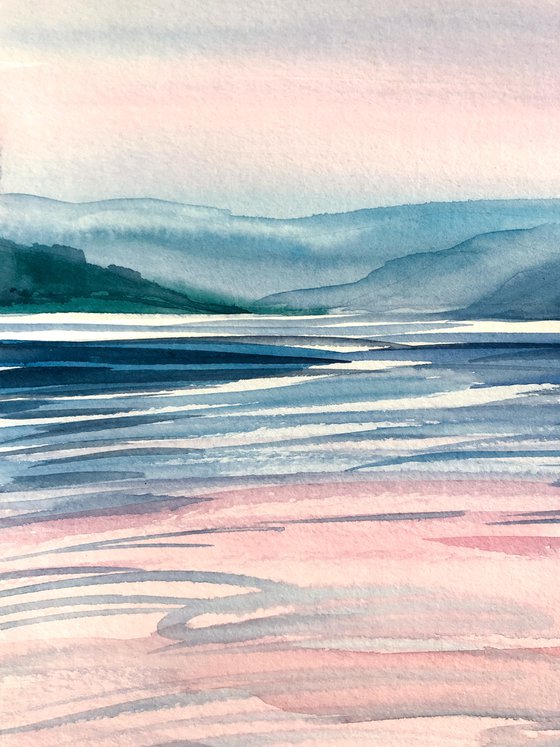 PINK SUNRISE ON WATER, Original Impressionist Vertical Landscape Watercolor Painting