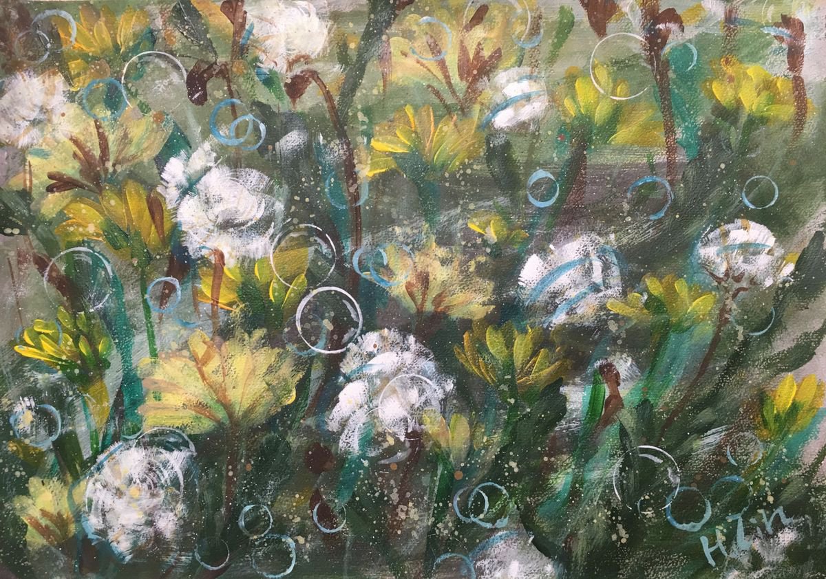 Organic Botanical Acrylic Painting By Hsin Lin, 17 X 13, Blowing Bubbles, Original Artwork