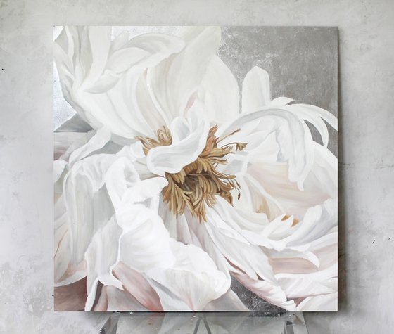 "Silver silk flowers 3" White peonies art