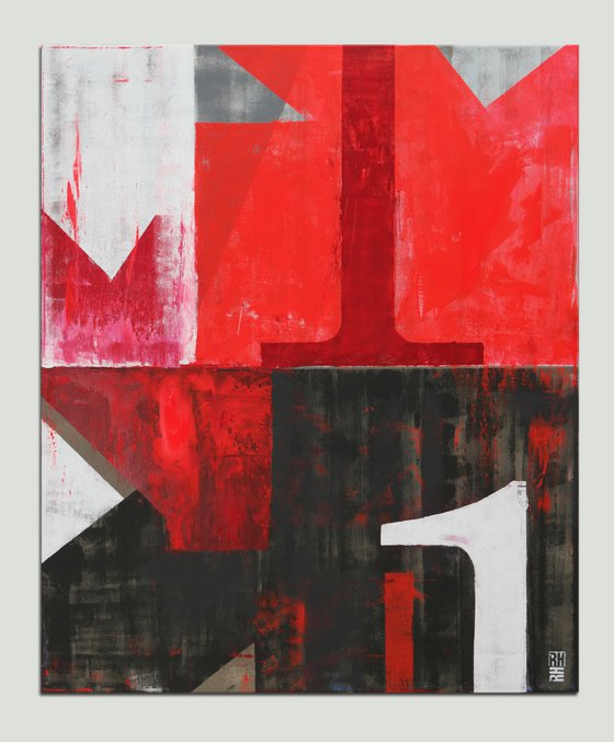 Abstract Painting - Vintage Typopop in Red - 90x110cm - Ronald Hunter - 16M