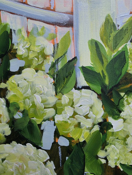 White Hydrangeas by the Fence