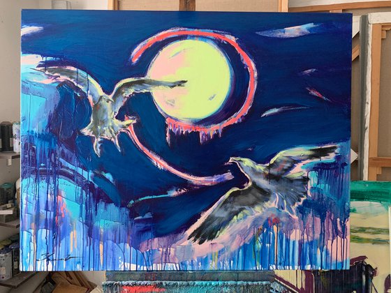 Bright big painting - "Moon light" - Pop Art - Birds - Seagull - 115x90cm