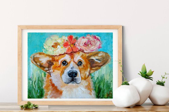 Summer mood, Corgi Painting Original Art Dog Artwork Pet Portrait Floral Wall Art