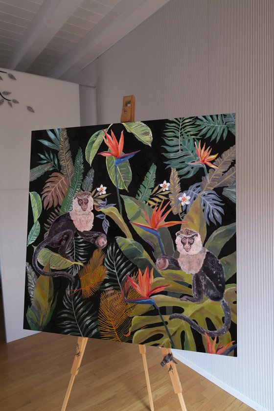 Jungle N°2  - Fern - Tropical - Monkeys - Art-Deco - Organic Floral, XL LARGE PAINTING