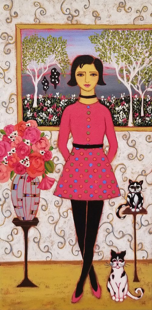 Woman with Cats & Birch Trees by Karen Rieger