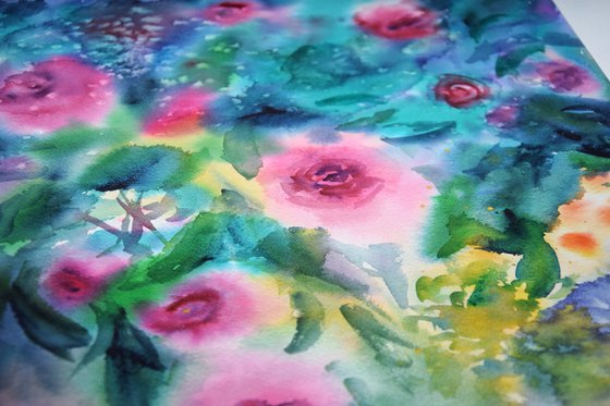 Roses Watercolor Painting, Abstract Wall Art, Pink Flowers Original Artwork