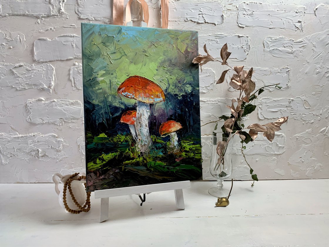 Fungi, orange-cap boletus Mushrooms. Original impasto, palette knife oil  painting. Painting by Vita Schagen