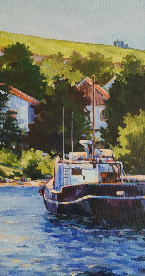 Noon by the mooring line, Original, one-of-a-kind acrylic on wide edge canvas painting (16x20'') by Alexander Koltakov
