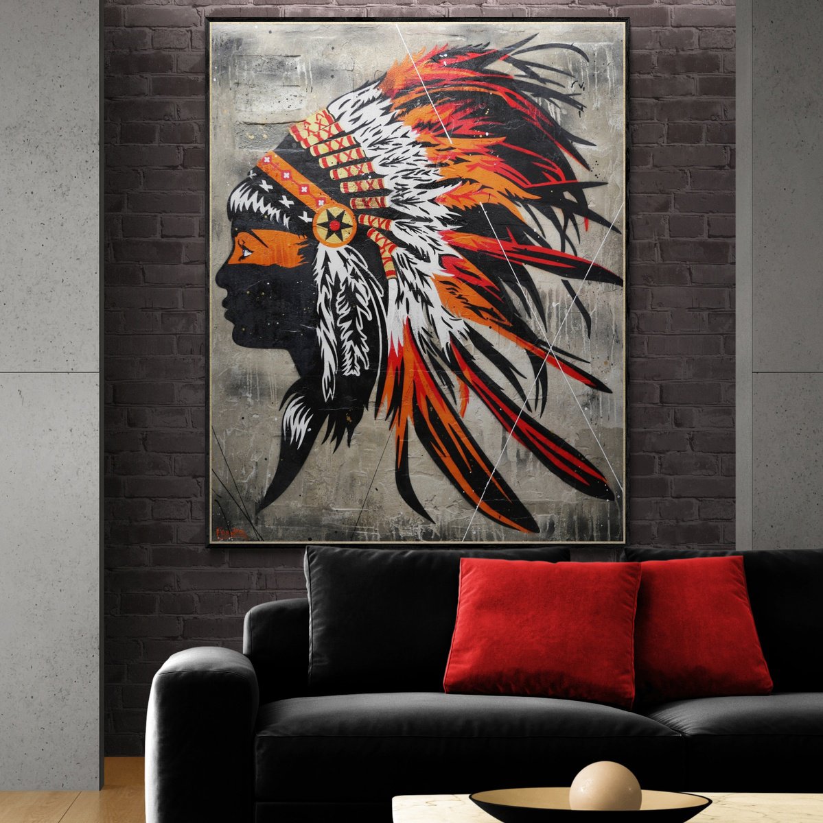 Urban And Pop Portrait Painting By Franko, 47 X 59, Orange Feathers, Original Artwork